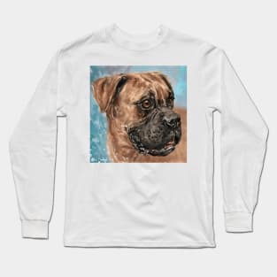 Painting of a Brown Coated Boxer Dog Looking to the Side on Light Blue Background Long Sleeve T-Shirt